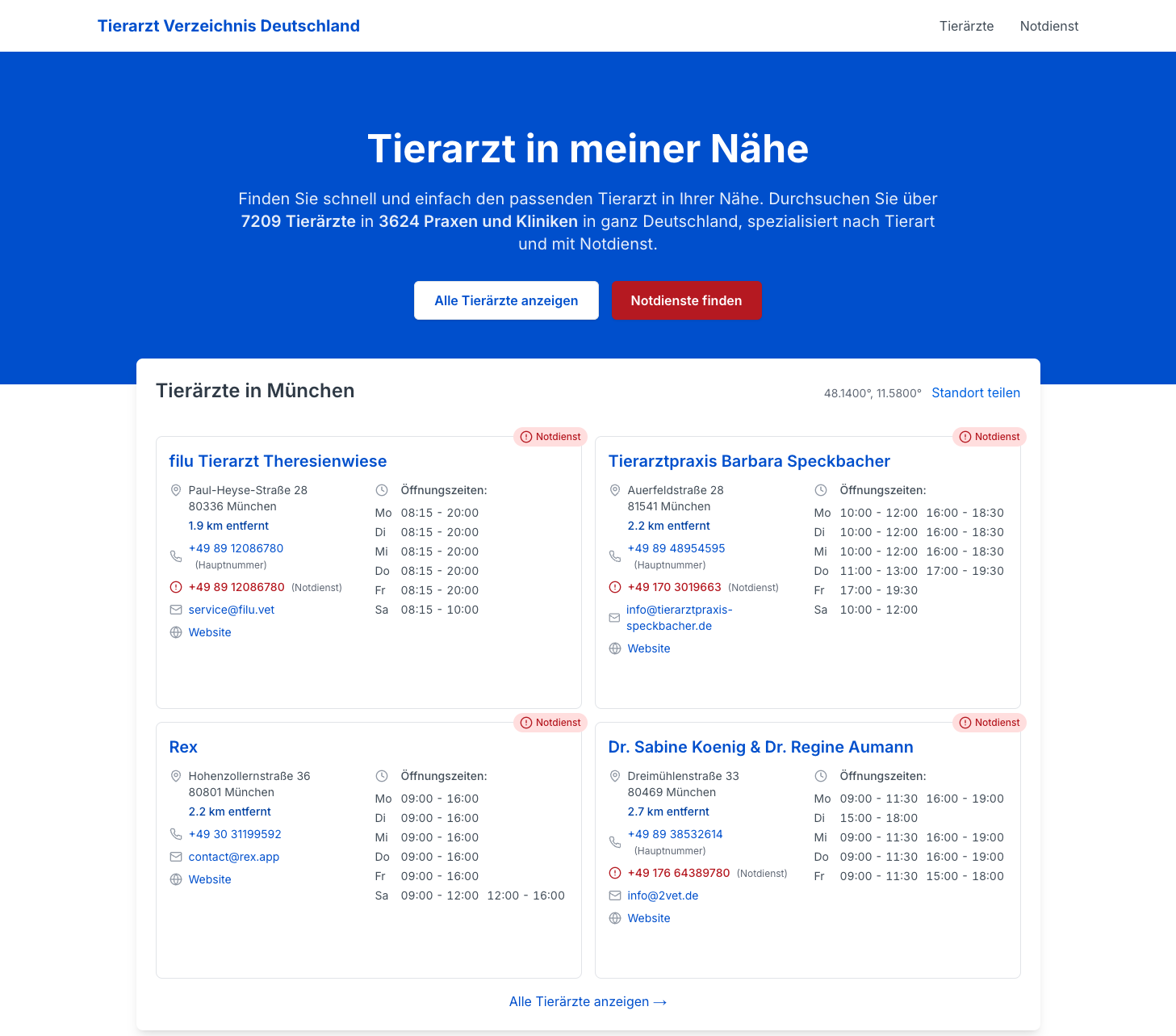 Tierarzt-Liste homepage screenshot
